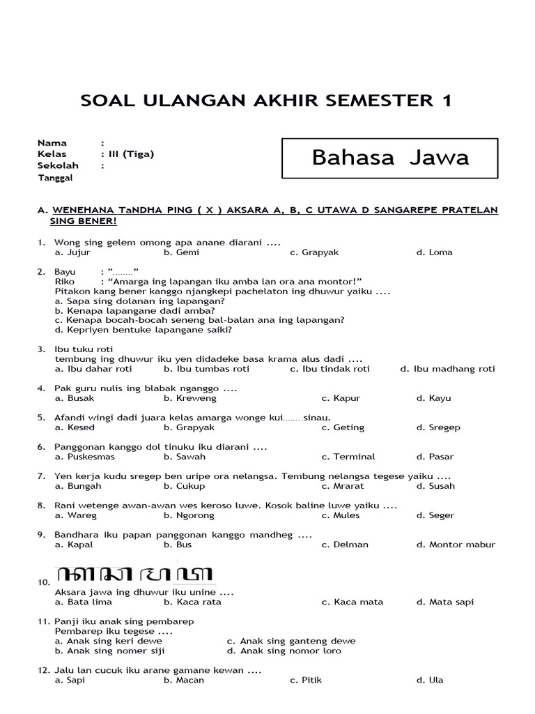 10 Latihan Soal Bahasa Jawa Kelas 3 Semester 2 Paling Sering Muncul di Ujian, Wajib Tahu Sebelum Terlambat