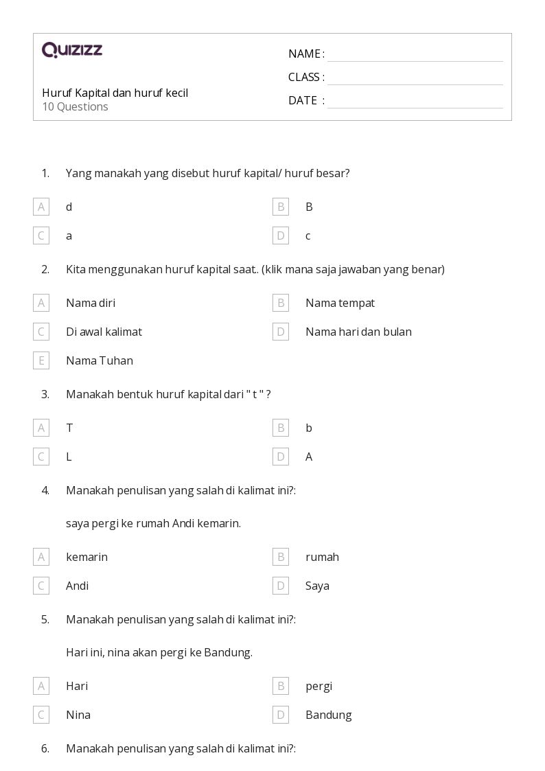 50 lembar kerja Kata-kata Huruf Kapital untuk Kelas 1 di Quizizz