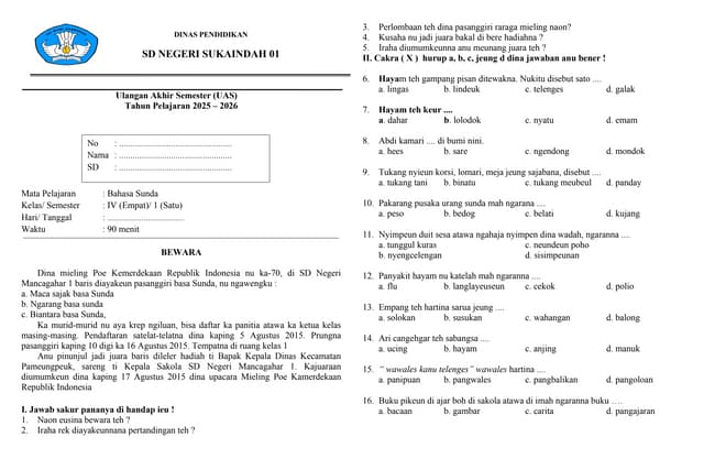 5 Contoh Soal UKK Bahasa Sunda Kelas 4 Tahun 2016 yang Sering Muncul di UKG 2026