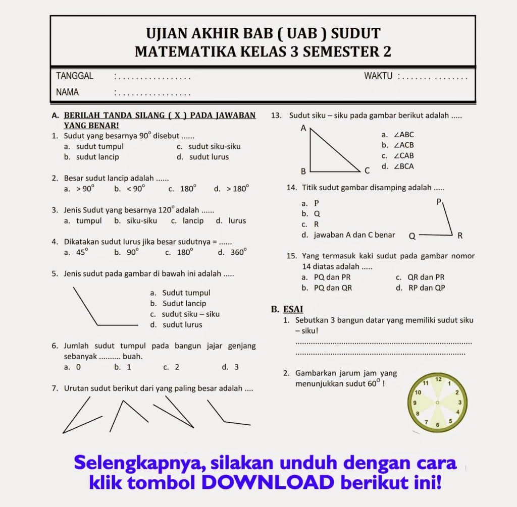 7 Lembar Kerja Soal UKK Matematika Kelas 3 SD Semester 2 Kurikulum 2013 Siap Cetak
