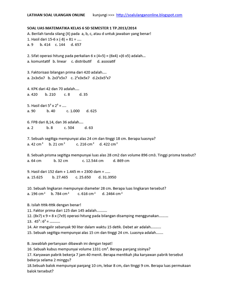 7 contoh soal matematika uas kelas 6 semester 1 dan 2 Bikin Nilai Naik Cepat 7 contoh soal matematika uas kelas 6 semester 1 dan 2 Bikin Nilai Naik Cepat