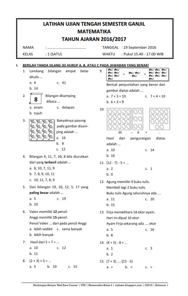 Soal Uts Matematika Kelas 1 Semester 2 - Piffle me Soal Uts Matematika Kelas 1 Semester 2 - Piffle me