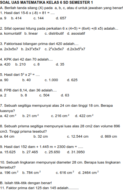 Download 20 Soal Matematika UAS Kelas 6 SD Semester 1 Belajar Download 20 Soal Matematika UAS Kelas 6 SD Semester 1 Belajar