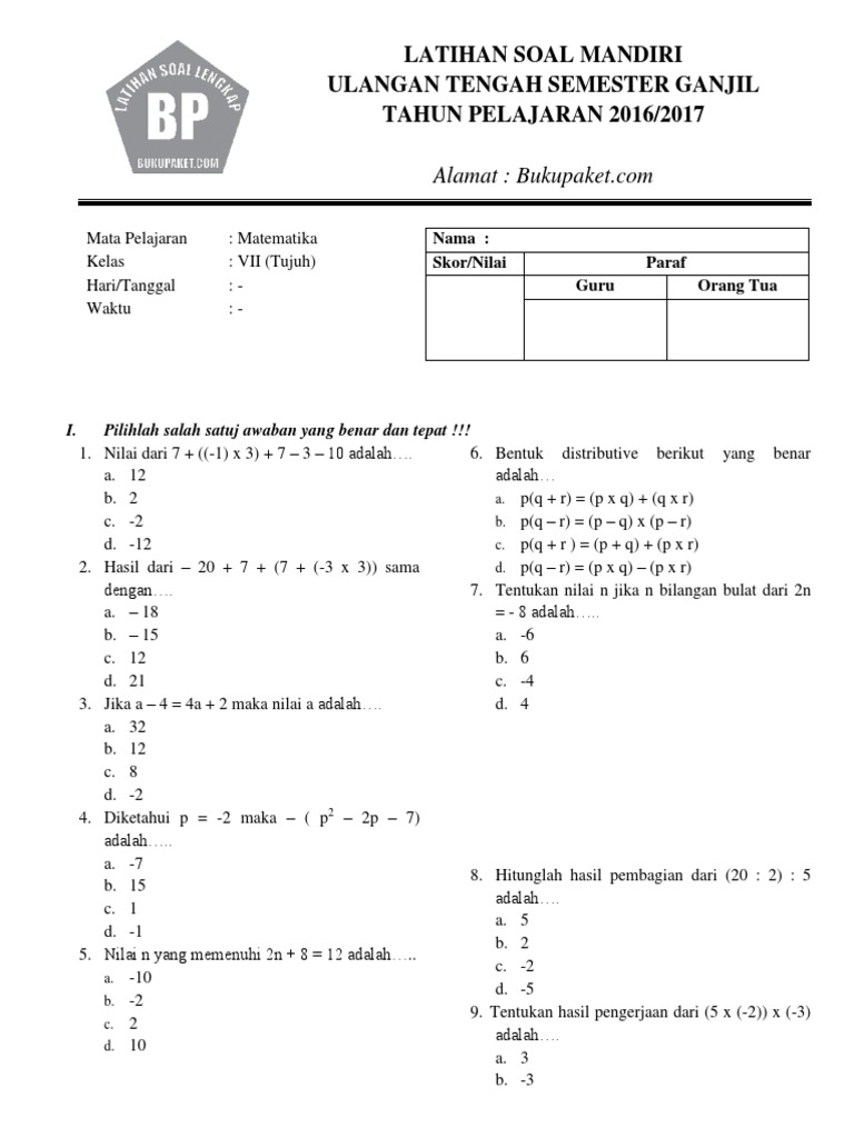 Contoh Soal Matematika Ulangan Tengah Semester 1 Kelas 7 2019: Ternyata Ini 30 Soal yang Sering Muncul di Ujian