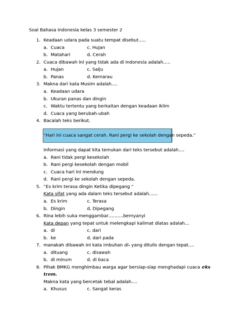 Latihan Soal Bahasa Indonesia Kelas 3 Semester 2 Terbukti Ampuh Raih Nilai Sempurna