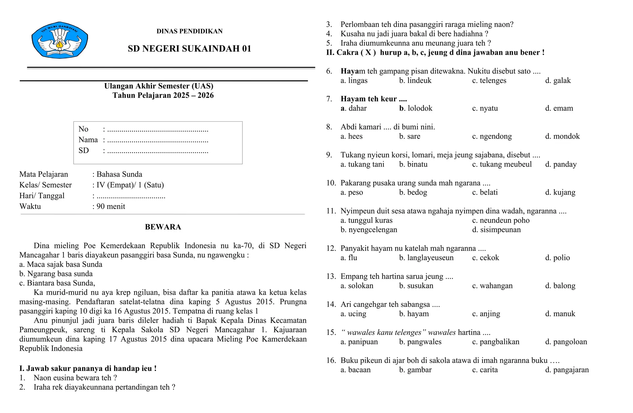 Rahasia Kumpulan soal ulangan harian basa sunda kelas 4 semester 1 kunci Pancasila Hal.131 Rahasia Kumpulan soal ulangan harian basa sunda kelas 4 semester 1 kunci Pancasila Hal.131