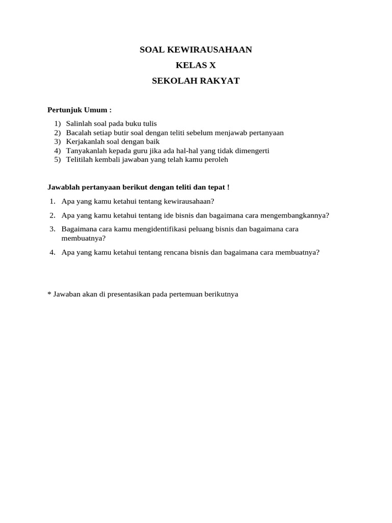 Sebelum UTS Simak Bank Soal Kewirausahaan Kelas X Semester 1 50 Soal Ini