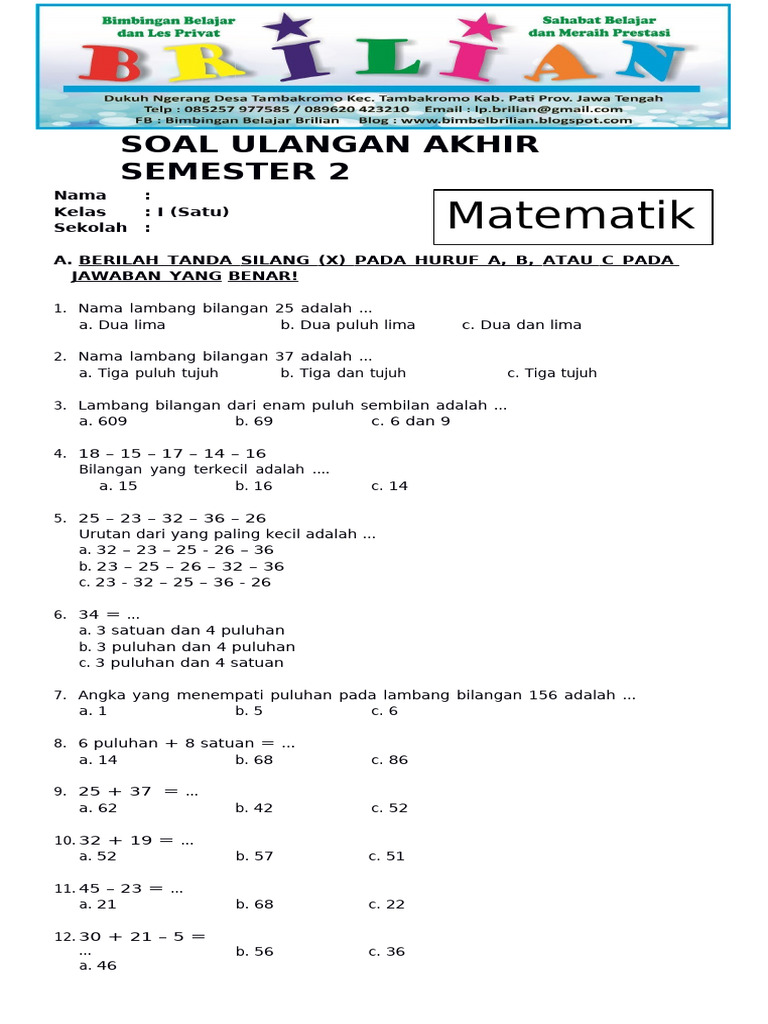 Wajib Tahu! Kumpulan Latihan Soal UAS Semester 2 Kelas 1 SD Agar Nilai Anak Maksimal Wajib Tahu! Kumpulan Latihan Soal UAS Semester 2 Kelas 1 SD Agar Nilai Anak Maksimal