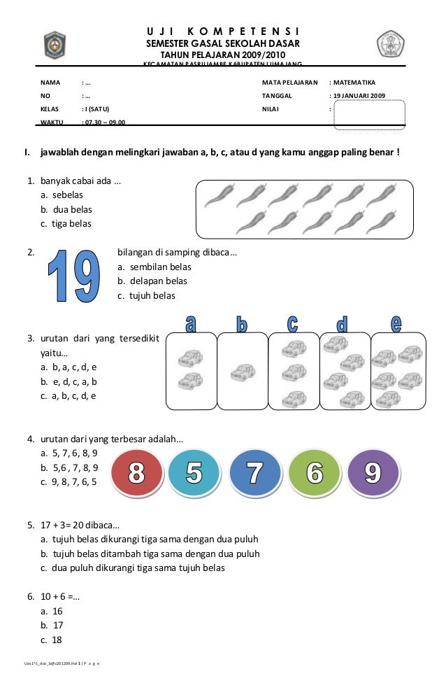bank soal matematika kelas 1 semester 1