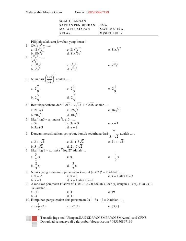 bank soal matematika kelas 10 semester 1 kurikulum 2013