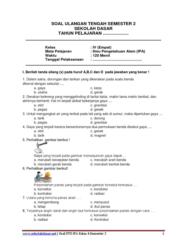 contoh soal ukk ipa kelas 4 semester 2